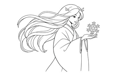 Yuki-Onna Snow Woman Coloring Page with Long Hair and Snowflake