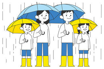 雨の中で傘をさしている家族4人