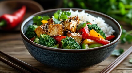 A vibrant vegetarian stir-fry with tofu, bell peppers, and broccoli, tossed in a savory sauce, served in a ceramic bowl,