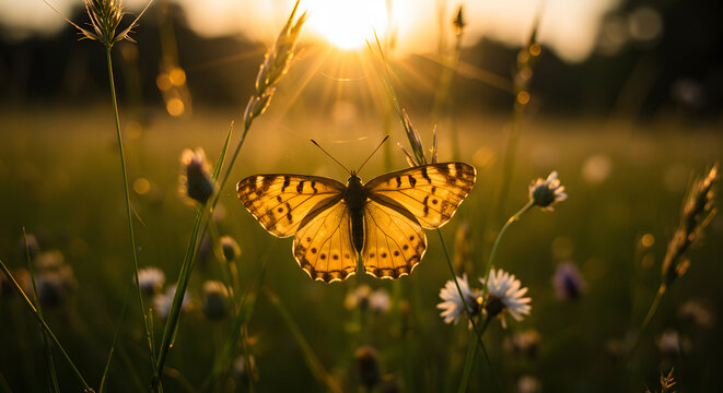 Fototapeta Atmospheric shot of a butterfly on a dandelion seed head in a meadow during the golden hour, capturing magical light and nature.