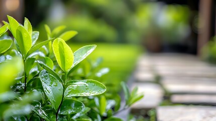 Close up of fresh green leaves with water droplets