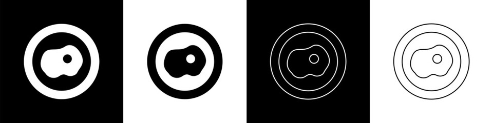 Set Scrambled eggs icon isolated on black and white background. Home cooked food, fried egg, healthy breakfast, omelet icon. Vector