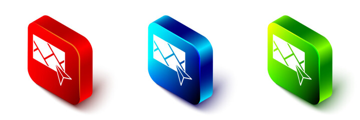 Isometric Infographic of city map navigation icon isolated on white background. Mobile App Interface concept design. Geolacation concept. Red, blue and green square button. Vector