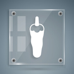 White Hot chili pepper pod icon isolated on grey background. Design for grocery, culinary products, seasoning and spice package, cooking book. Square glass panels. Vector