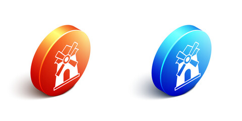 Isometric Windmill icon isolated on white background. Orange and blue circle button. Vector