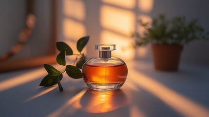 Amber perfume bottle, sunlit, with leaves