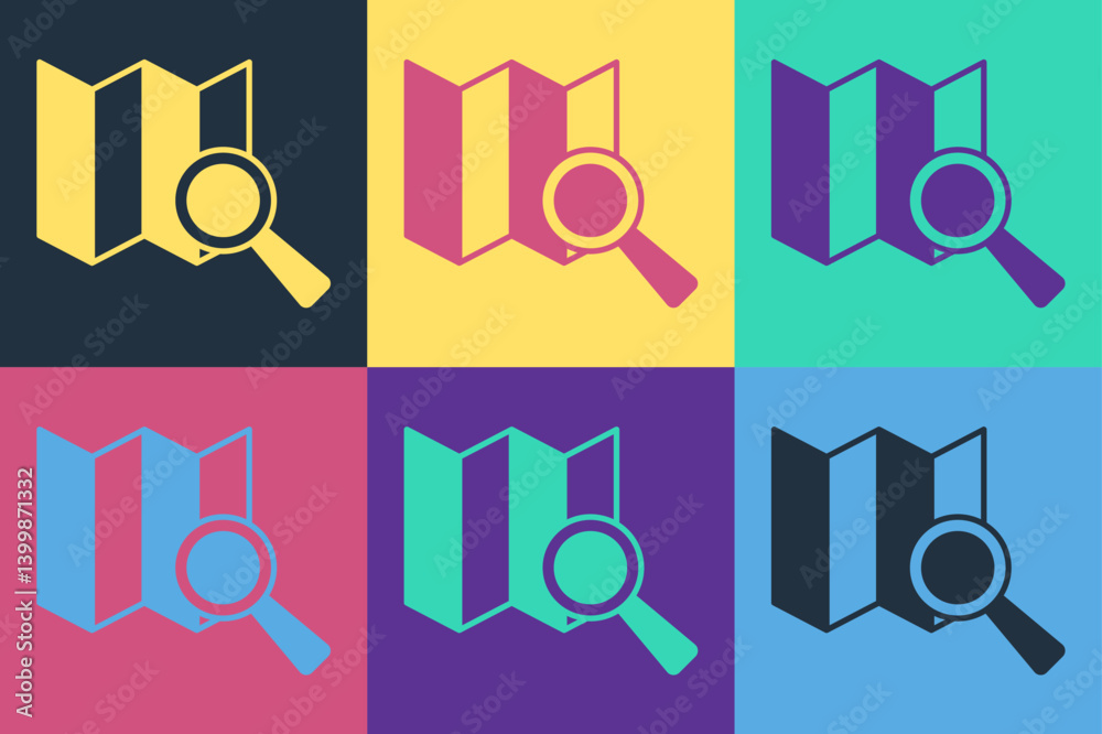 Poster pop art search location icon isolated on color background. magnifying glass with pointer sign. vecto