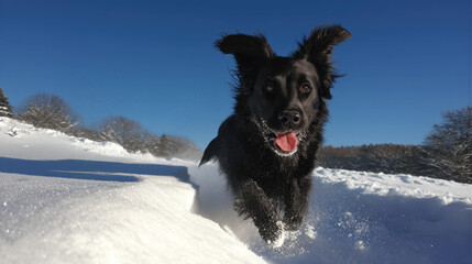 Naklejka premium black dog running in the snow