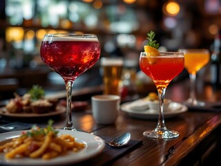 Fototapeta premium Blurred background of multicolored drinks and minimal food - Happy hour concept with fancy