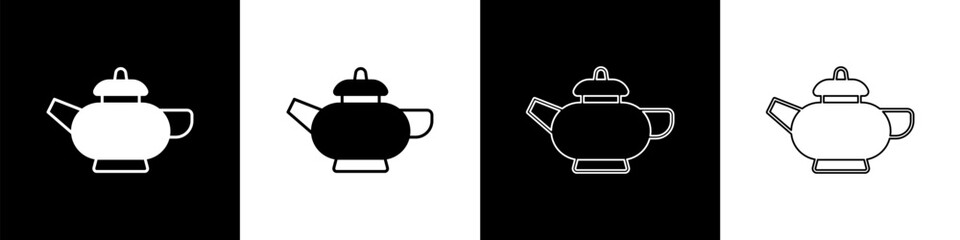 Set Traditional Chinese tea ceremony icon isolated on black and white background. Teapot with cup. Vector