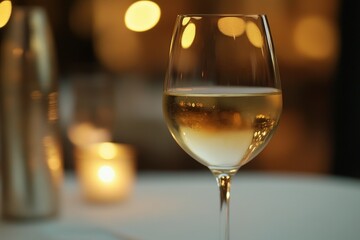A glass of golden white wine, enjoyed in a dimly lit restaurant.