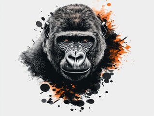 Portrait of a gorilla, surrounded by abstract orange and black paint splatters