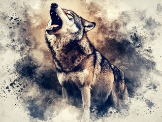 A majestic wolf howling, depicted in a watercolor style with soft edges and a dramatic sky background