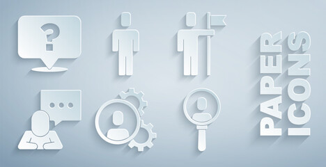 Set Head hunting, Team leader, Speech bubble chat, Search people, and Question mark icon. Vector