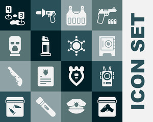 Set Evidence bag with gun, Police body camera, Safe, Bulletproof vest, Pepper spray, Balaclava, Marker crime scene and Hexagram sheriff icon. Vector