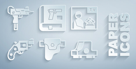 Set Gun in holster, Advertising weapon, Small gun revolver, Collimator sight, Book with pistol and UZI submachine icon. Vector