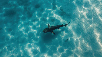A shark swims elegantly through clear turquoise water, surrounded by rippling sunlight and underwater scenery. The tranquil ocean environment highlights marine beauty and biodiversity