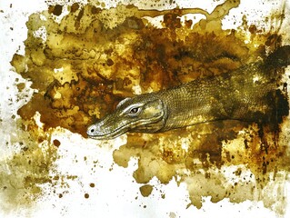 Reptilian head emerging from a stain, detailed scales, red eye