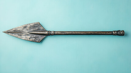 An antique spear with a distinctive blade rests flat on a bright blue surface. The intricate details and craftsmanship highlight the historical significance and artistic value of the weapon