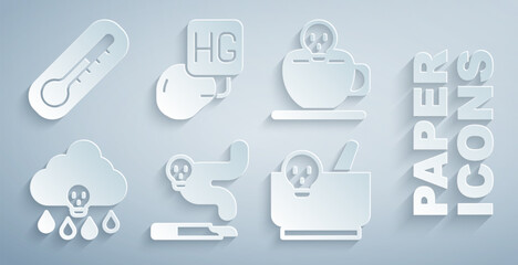 Set Cigarette, Coffee cup with skull, Acid rain, Mortar and pestle, Drop mercury and Thermometer icon. Vector