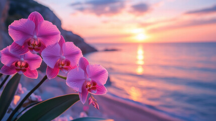 Pink orchids stand gracefully at the edge of the beach, reflecting the golden sunset over the calm ocean waves. The serene atmosphere enhances the beauty of the blooms and the landscape
