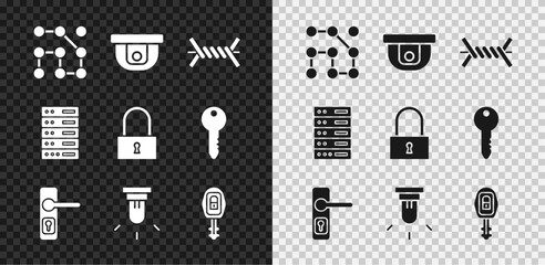 Set Graphic password protection, Motion sensor, Barbed wire, Door handle, Car key with remote, Server, Data, Web Hosting and Lock icon. Vector
