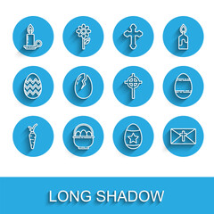 Set line Carrot, Basket with easter eggs, Burning candle in candlestick, Easter, Greeting card Happy, Broken, and Christian cross icon. Vector