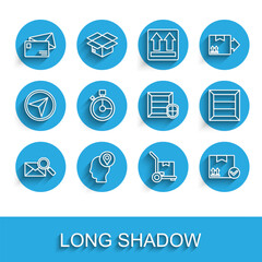 Set line Envelope with magnifying glass, Delivery man cardboard boxes, Hand truck and, Package check mark, Fast time delivery, Wooden and pack security shield icon. Vector