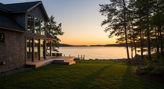 Lakeside Home at Sunset: Evening Tranquility, Architectural Photography AI Generated