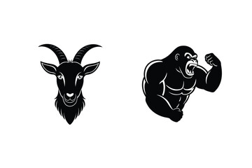 Goat And Gorilla Logos Black Silhouettes Vector Illustration Animal Strength And Nature