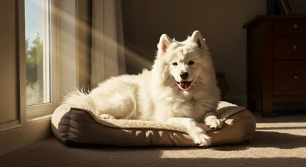 Golden Hour Sunlight Bathes a Fluffy White Dog Relaxing Indoors AI Generated