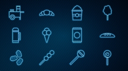 Set line Lollipop, Bread loaf, Popcorn in box, Ice cream waffle cone, Thermos container, Fast street food cart, Soda can with straw and Croissant icon. Vector