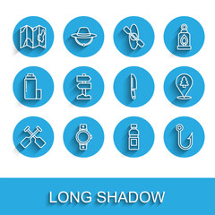 Set line Paddle, Smartwatch, Location of the forest on map, Bottle water, Fishing hook, Road traffic signpost, and Knife icon. Vector