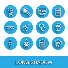 Set line Pipette, GMO, Genetically modified chicken, Document for bio healthy food, Label, apple, and Chemical formula icon. Vector