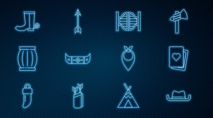 Set line Western cowboy hat, Deck of playing cards, Saloon door, Kayak canoe and paddle, Gun powder barrel, Cowboy boot, bandana and Crossed arrows icon. Vector