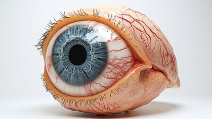 Hyperrealistic 3D render of a human eyeball, showcasing intricate detail of blood vessels and iris