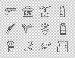 Set line Buying gun pistol, Bullet, assault rifle, MP9I submachine, Desert eagle, UZI, Small revolver and Hand smoke grenade icon. Vector
