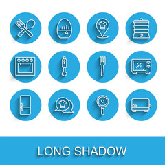 Set line Refrigerator, Chef hat in speech bubble, Crossed fork and spoon, Frying pan, Toaster, Blender, Microwave oven and Fork icon. Vector