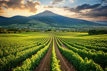Fototapeta premium Lush vineyard landscape under a vibrant sunset sky with rolling hills and a majestic mountain peak in the distance, capturing scenic beauty