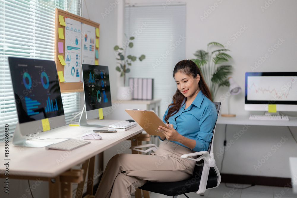 Poster businesswoman analyzing financial data and company's performance using computer and clipboard in off