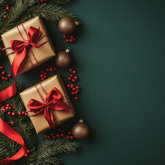 Christmas Gift Boxes with Red Ribbons on Green Festive Background