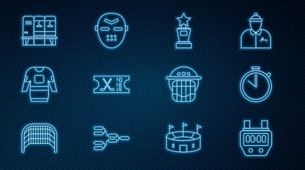 Set line Stopwatch, Award cup, Hockey sports ticket, jersey, Locker changing room, helmet and mask icon. Vector