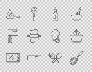 Set line Microwave oven, Kitchen whisk, Bottle of olive oil, Saucepan, Frying, Rolling pin on dough, Crossed fork and spoon and Citrus fruit juicer icon. Vector