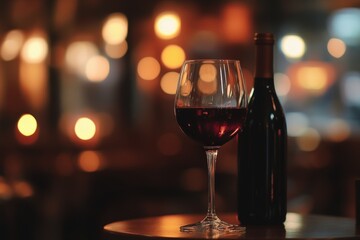A glass of red wine and bottle on a wooden table in a dimly lit restaurant.