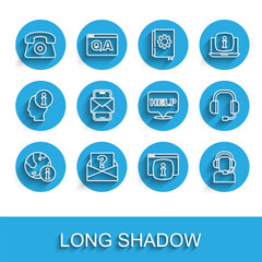 Set line Information, Envelope with question mark, Telephone 24 hours support, Monitor FAQ information, Man headset, Mobile and envelope, Headphones and Speech bubble text Help icon. Vector