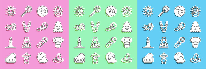 Set line Witch hat, Magic, Ghost, Moon and stars, Rabbit with ears, Fireball, stone and Psilocybin mushroom icon. Vector