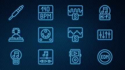 Set line EDM electronic dance music, Sound mixer controller, Music wave equalizer, Drum machine, DJ playing, Audio jack, and Bitrate icon. Vector