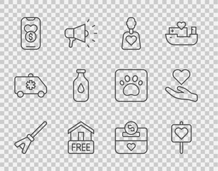 Set line Mop, Location with heart, Volunteer, Free home delivery, Donation and charity, Bottle of water, and Heart in hand icon. Vector