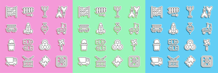 Set line Tic tac toe game, Pinwheel toy, Roller skate, Rake, Rocket ship, Passenger train cars, Abacus and Whirligig icon. Vector