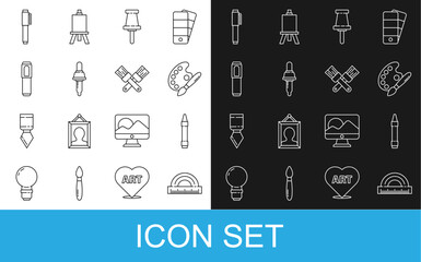 Set line Protractor, Wax crayons for drawing, Paint brush with palette, Push pin, Pipette, Marker pen, Pen and Crossed paint icon. Vector